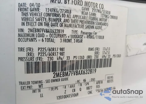 2010 Mercury Grand Marquis Ls (Fleet Only) z USA, uszkodzony, nr VIN 2MEBM7FV8AX632819